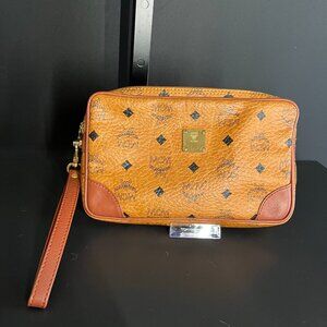 SOLD MCM Monogram Vicetos Wristlet Clutch Bag Leather Brown Gold